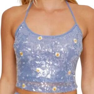 Blue Top Clear Sequins Tank Mesh Embroidered Stretchy Mermaid Shimmer Sparkle L